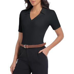 Womens Short Sleeve Business Casual Bodysuit 2025 Tops Summer V Neck Polo Work Shirts Fitted Basic Collared Bodysuit Shirt
