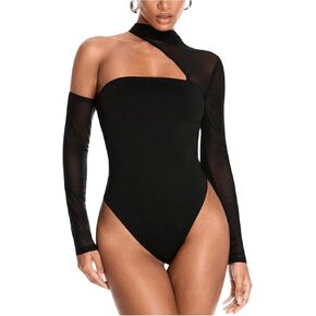 MakeMeChic Women's Asymmetrical Neck Long Sleeve Mesh Sheer Cut Out Bodysuit Tee Shirt Tops
