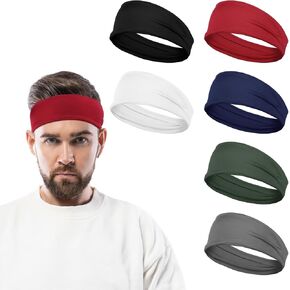 6 PCS Workout Headbands for Men, 6 Colors Running Headbands for Men Reused & Washed Mens Sweatband Stretchy Sports Headband for Running Yoga Fitness Workout