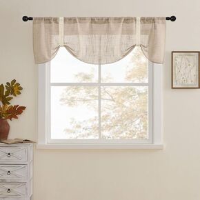 Home Queen Burlap Tie Up Curtain Valance for Kitchen Window, Semi Sheer Linen Texture Valence with Adjustable Strap, 54" W X 18" L, Taupe