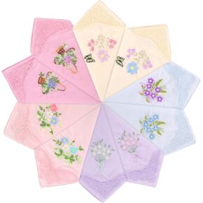 EEEKit Floral Cotton Handkerchief, 10PCS Embroidered Handkerchiefs for Women, Vintage Lace Hanky for Lady Gifts, 11X11 in