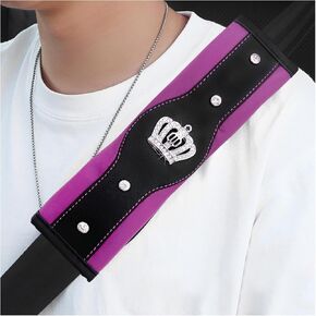 Car Seat Belt Cover, Leather Safety Belt Shoulder Strap Covers with Sparkling Diamond Crown, Soft Seat Belt Decorative Cover Mats for Cars Trucks SUVs, Car Accessories (Pink)