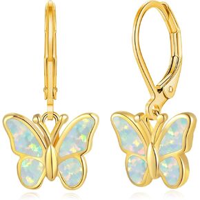 Dainty Leverback Opal Hoop أقراط 14 كيلو بايت مطلي بالفراشة مقال