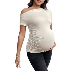 OYOANGLE Women's Maternity Asymmetrical Neck Short Sleeve T Shirts Off The Shoulder Pregnancy Ruched Fitted Shirt Tops