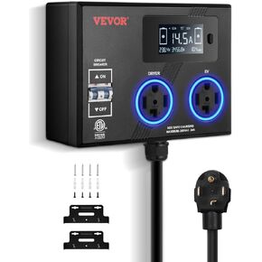 VEVOR NEMA Splitter for Dryer and EV, 3-Color LED Indicator, 240V Smart Power Distribution, with NEMA 14-30 Plug, Two NEMA 14-30 Outlets, 3.4'' LCD Screen, Max 27A (Dryer)/24A (EV), ETL Certified