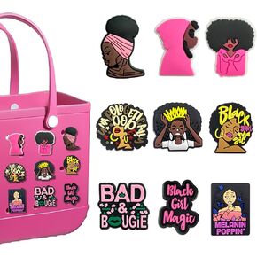 Hikkcos 9Pcs Pink Black Girl Charms for Bogg Bag Clips Insert Bogg Bag Accessories for Women Totes, Bag Charms for Simply Southern Totes,Rubber Tote Bag, Small