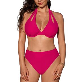CUPSHE Women's Bikini Sets Large Bust High Waisted Underwire Push Up Bathing Suit Cutouts Halter Strap Back Self Tie