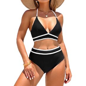 ZAFUL High Waisted Bikini Sets Tummy Control Swimsuits V Neck Cross Back Color Block Sporty Bathing Suits
