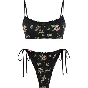 ZAFUL Womens Bikini Set Tie Side Color Block Two Piece Swimsuits Gingham Spliced Ruched Ruffles Trim Cute Bikini