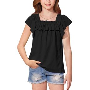 BesserBay Girls Summer Short Ruffle Sleeve Square Neck Kint Ribbed Top Losse Cute Tee Solid Trendy Blouse 5-14 Years in Saudi Arabia