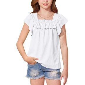 BesserBay Girls Summer Short Ruffle Sleeve Square Neck Kint Ribbed Top Losse Cute Tee Solid Trendy Blouse 5-14 Years