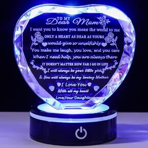 YWHL Gifts for Mom from Daughter Son Moms Mother's Day Birthday Gifts Crystal Unique to My Mom Heart Keepsakes Gift for Mother with Colorful LED Base
