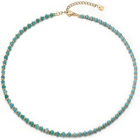 Blue Turquoise Amazonite Beaded Necklace Gemstone Gold Boho Strand Women Jewelry 16inch