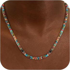 Boho Beaded Necklace for Women - Natural Turquoise Beaded Necklaces Choker Summer Beach Necklace Natural Cloroful Bead Necklaces for Teen Girls Handmade Boho Jewelry Birthday Gift