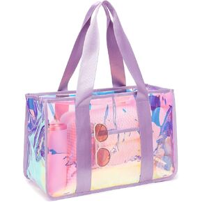 Iridescent Clear Beach Bag for Women, Large Pool Tote Cruise Vacation Essentials - Waterproof, Zipper Closure