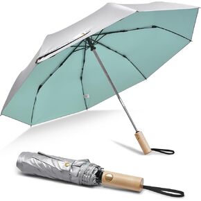 G4Free Windproof Travel Umbrella with Large Wooden Handle, UV Sun Protection & Rain Umbrella Automatic Open And Close, Compact 46" Large Canopy with UPF 50+, Lightweight Portable for Walking & Outdoor