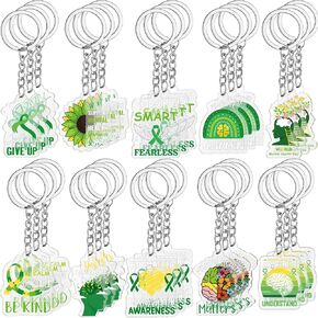 Sureio 50 Pcs Mental Health Awareness Month Keychain Green Ribbon Acrylic Key Chain Mental Health Inspirational Gifts for Public Charity Events Favor, 10 Styles