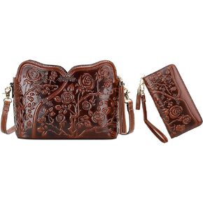 PIJUSHI Designer Genuine Leather Floral Crossbody Shoulder Bag Bundle with Wristlet Wallet with Tassel