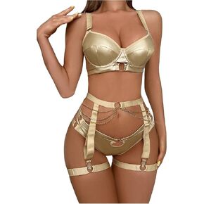 SOLY HUX Women's 3 Piece Lingerie Sets Metallic PU Leather Underwire Garter Belts Lingerie Bra and Panty Set