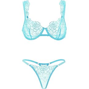 Lilosy Women Sexy Floral Embroidered Mesh Sheer Underwire Push Up Lingerie Set