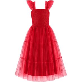 Arshiner Tween Girls Dress Ruffle Sleeve Elastic Straps Smocked A-Line Tulle Summer Long Patry Birthday Sundress