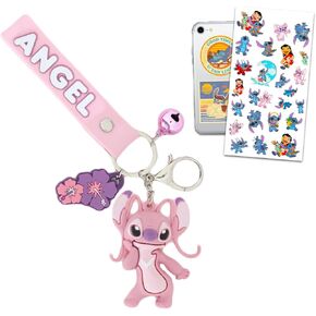Lilo and Stitch Angel Keychain Bundle - Deluxe Silicone 3D Character Figure Angel Keyring with Strap, Charm, Bell Plus Stickers, More | Angel from Stitch Key Ring for Backpack