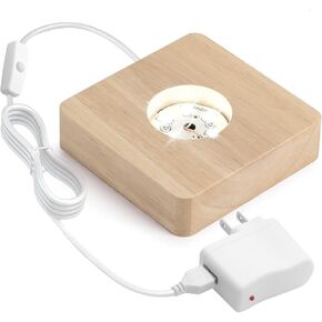 FACMOGU Wooden LED Display with Power Adapter, USB Powered White Light Base Stand with 6 LEDs for 3D Crystal Laser Glass Art