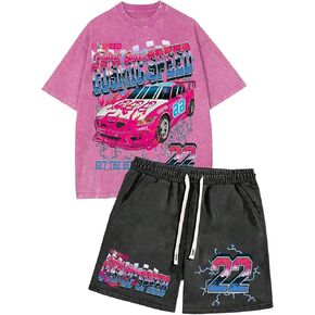 Men's 2 Piece Vintage Summer Outfits Car Graphic Short Sleeve T Shirt and Track Shorts Streetwear