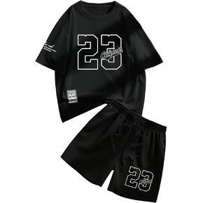 Men's 2 Piece Outfits Short Sleeve Letter Graphic Tees and Number Drawstring Shorts