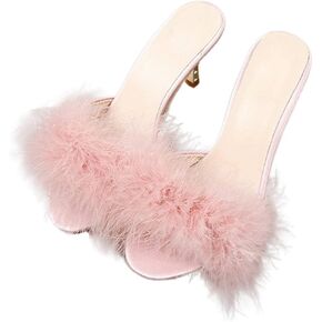 YIBLBOX Women's Round Toe Sandal Fluffy Feather Slippers Kitten Heeled Slippers