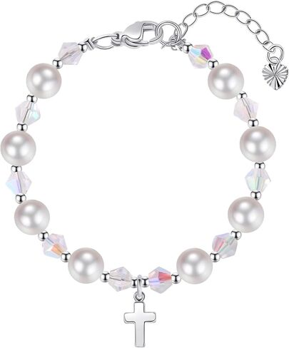 Pearl Cross Bracelets for Girls, Sterling Silver Baby Bracelet, Baptism Gifts for Girl, Christening and First Communion Christian Jewelry Gift for Kids in Kuwait