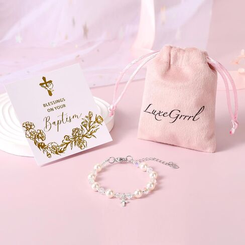 Pearl Cross Bracelets for Girls, Sterling Silver Baby Bracelet, Baptism Gifts for Girl, Christening and First Communion Christian Jewelry Gift for Kids in Kuwait