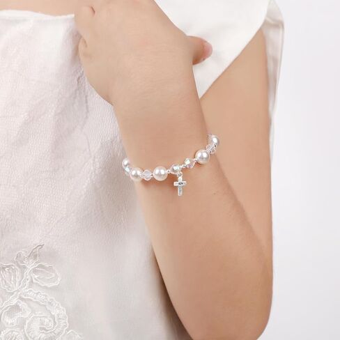 Pearl Cross Bracelets for Girls, Sterling Silver Baby Bracelet, Baptism Gifts for Girl, Christening and First Communion Christian Jewelry Gift for Kids in Kuwait