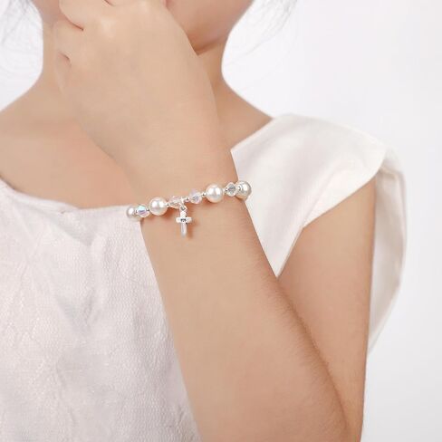 Pearl Cross Bracelets for Girls, Sterling Silver Baby Bracelet, Baptism Gifts for Girl, Christening and First Communion Christian Jewelry Gift for Kids in Kuwait