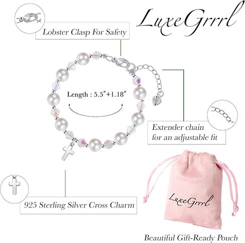 Pearl Cross Bracelets for Girls, Sterling Silver Baby Bracelet, Baptism Gifts for Girl, Christening and First Communion Christian Jewelry Gift for Kids in Kuwait