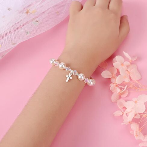 Pearl Cross Bracelets for Girls, Sterling Silver Baby Bracelet, Baptism Gifts for Girl, Christening and First Communion Christian Jewelry Gift for Kids in Kuwait