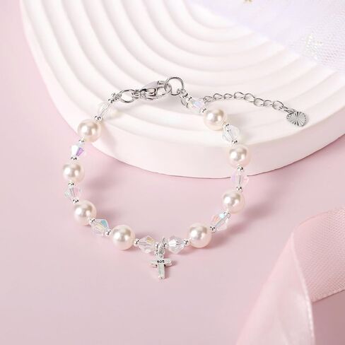 Pearl Cross Bracelets for Girls, Sterling Silver Baby Bracelet, Baptism Gifts for Girl, Christening and First Communion Christian Jewelry Gift for Kids in Kuwait