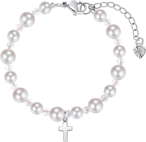 Pearl Cross Bracelets for Girls, Sterling Silver Baby Bracelet, Baptism Gifts for Girl, Christening and First Communion Christian Jewelry Gift for Kids in Kuwait