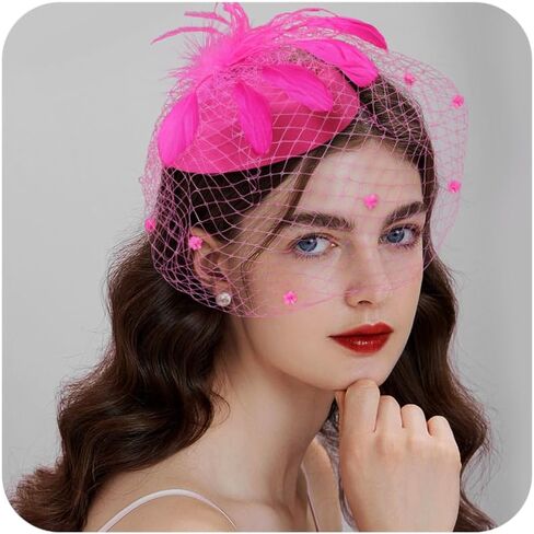 Fascinator for Women 20s 50s Hat with Veil Mesh Feathers Tea Party Hair Clip Fascinator and Lace Glove in Kuwait