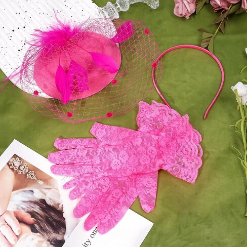 Fascinator for Women 20s 50s Hat with Veil Mesh Feathers Tea Party Hair Clip Fascinator and Lace Glove in Kuwait