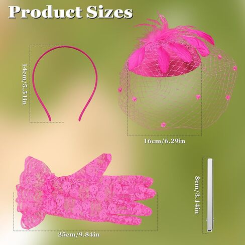 Fascinator for Women 20s 50s Hat with Veil Mesh Feathers Tea Party Hair Clip Fascinator and Lace Glove in Kuwait