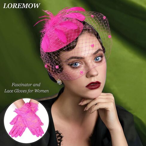 Fascinator for Women 20s 50s Hat with Veil Mesh Feathers Tea Party Hair Clip Fascinator and Lace Glove in Kuwait