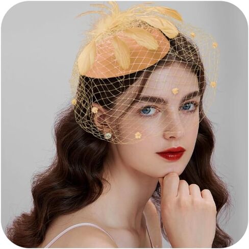 Fascinator for Women 20s 50s Hat with Veil Mesh Feathers Tea Party Hair Clip Fascinator and Lace Glove in Kuwait