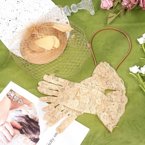 Fascinator for Women 20s 50s Hat with Veil Mesh Feathers Tea Party Hair Clip Fascinator and Lace Glove in Kuwait