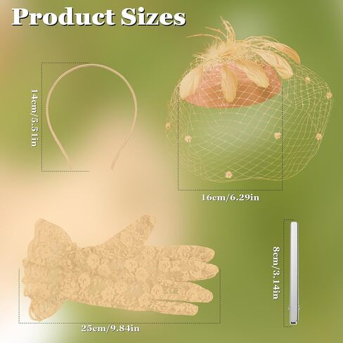Fascinator for Women 20s 50s Hat with Veil Mesh Feathers Tea Party Hair Clip Fascinator and Lace Glove in Kuwait