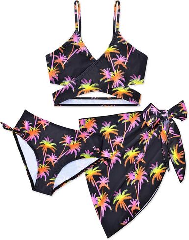 Girls Swimsuit 3 Piece Bathing Suits for Kids Criss Cross Bikini with Cover Up Skirt Girls' Swimwear in Saudi Arabia