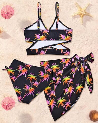 Girls Swimsuit 3 Piece Bathing Suits for Kids Criss Cross Bikini with Cover Up Skirt Girls' Swimwear in Saudi Arabia