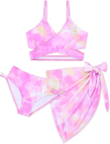 Girls Swimsuit 3 Piece Bathing Suits for Kids Criss Cross Bikini with Cover Up Skirt Girls' Swimwear in Saudi Arabia