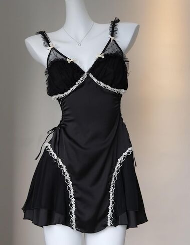 Women Sexy Satin Pajamas Bridal Baby Doll Lingerie Lace Nightgowns Ruched Mesh Sleepwear Ruffle A Line Lounge in Kuwait