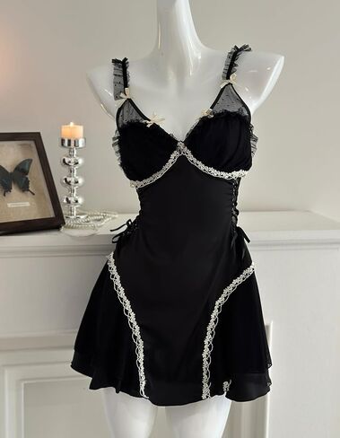 Women Sexy Satin Pajamas Bridal Baby Doll Lingerie Lace Nightgowns Ruched Mesh Sleepwear Ruffle A Line Lounge in Kuwait
